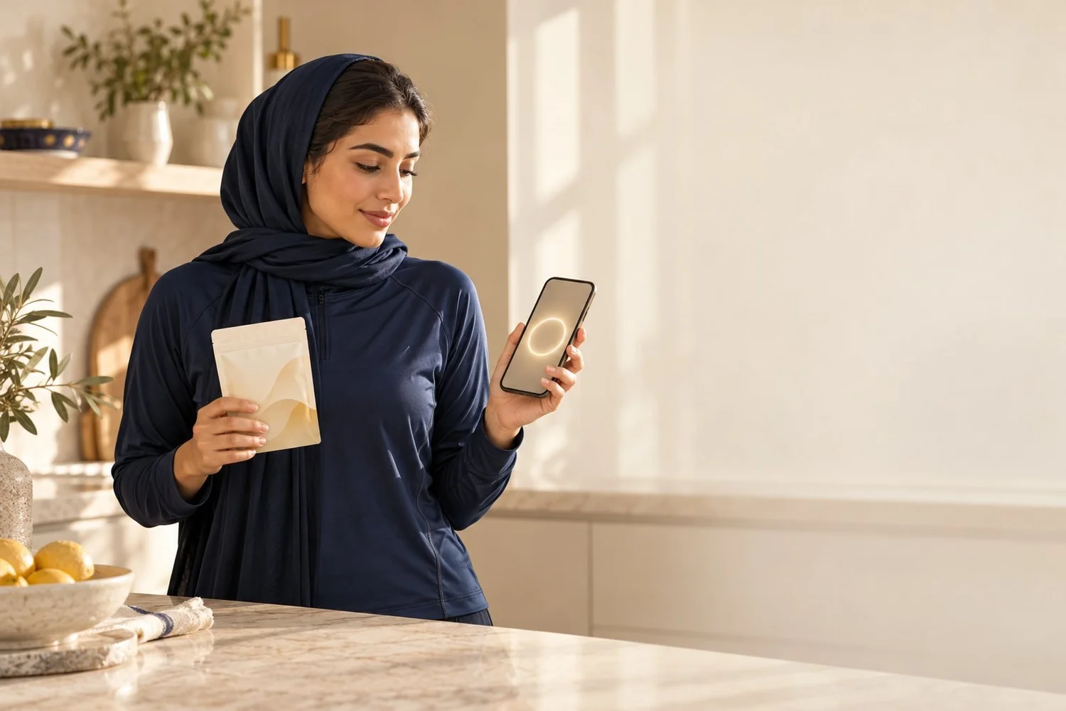 Woman holding a product pouch and a phone showing a guided breathing routine
