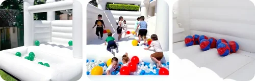 Los Angeles white bounce house rental with pastel ball pit and beach balls — children’s birthday party