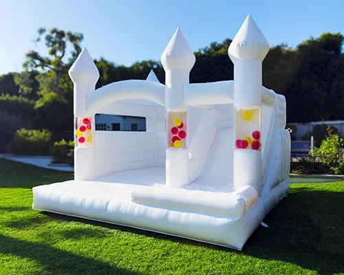 Happy Castle large white bounce house with slide