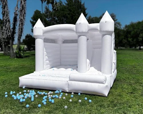 Cozy Castle — compact 12x12 white bounce house with ball pit, slide, and sun cover for 4–6 kids
