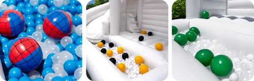 Kids playing with colorful beach balls inside a white bounce house with ball pit — Los Angeles rentals