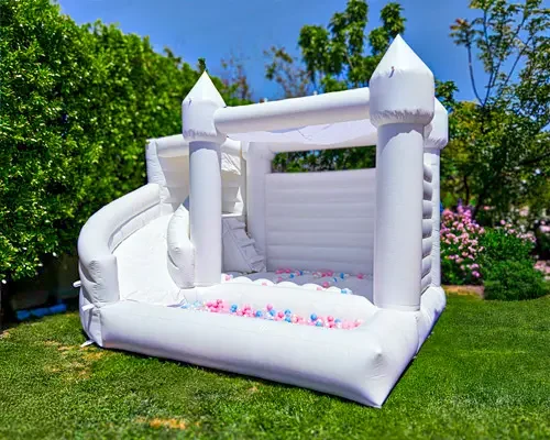 Twisty Castle white bounce house with slide and ball pit