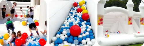 White bounce house with ball pit and free beach balls in Los Angeles — kids party rental