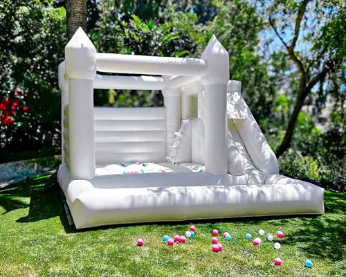 Triple Delight large white bounce house with slide and ball pit