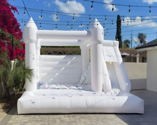 Triple Delight white inflatable bounce castle with large ball pit and side slide for 8 kids