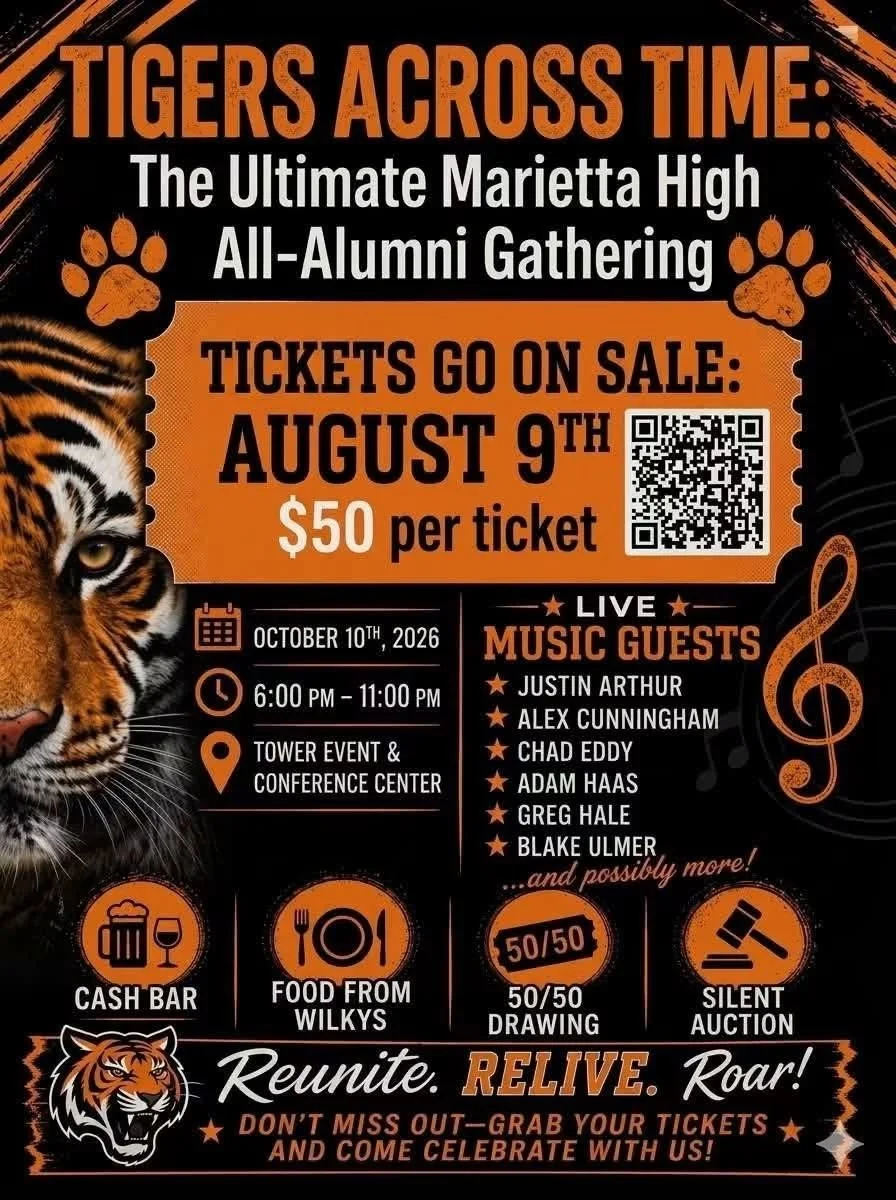 Tigers Across Time, the ultimate Marietta High School all-alumni gathering, Saturday October 10, 2026, 6:00 to 11:00 PM at Tower Event and Conference Center in Marietta, Ohio. Tickets fifty dollars.