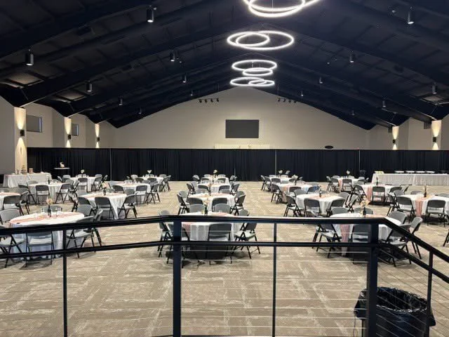Elegant wedding table setup in the Grand Hall at Tower Event and Conference Center in Marietta, Ohio