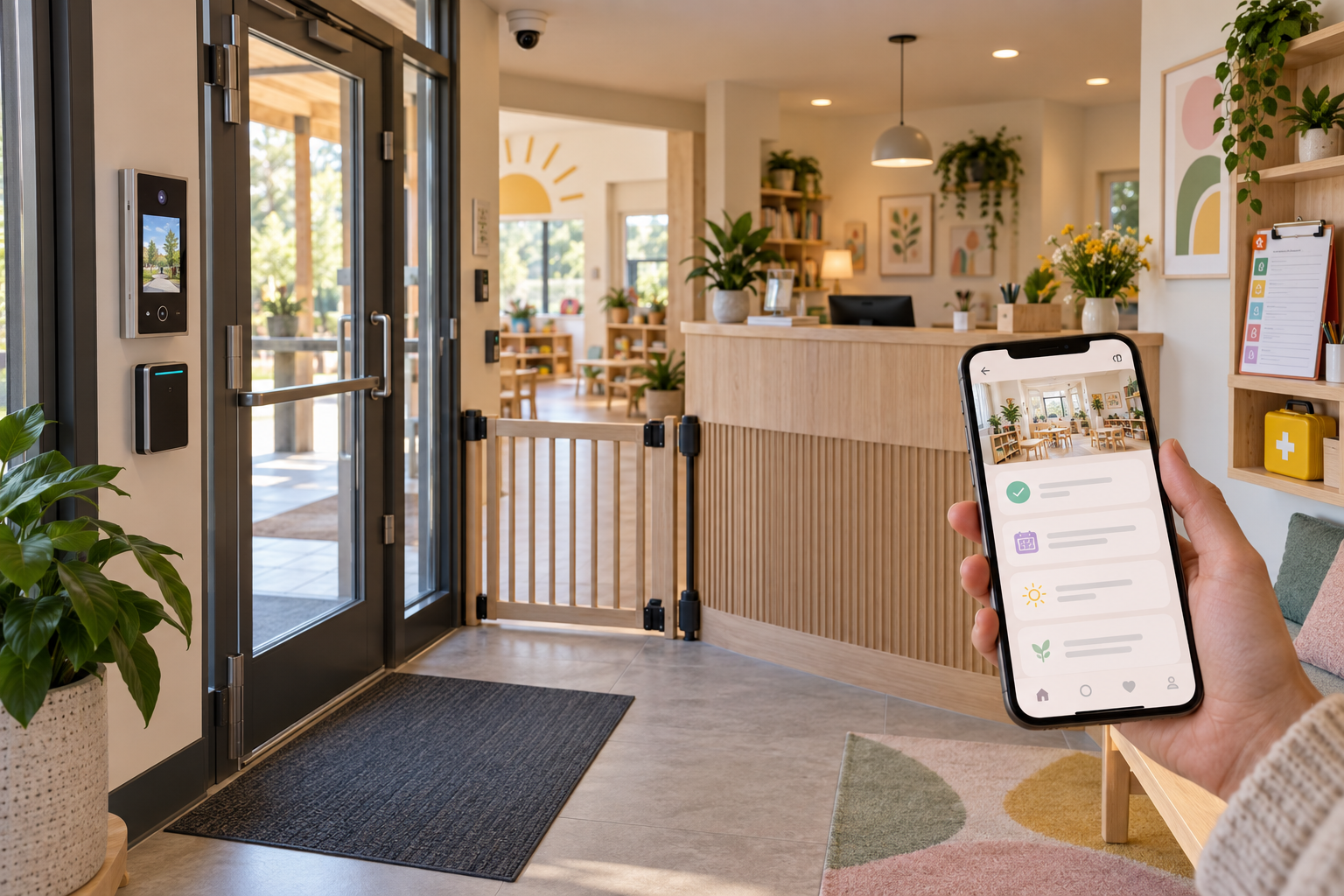 Concept image of a secure childcare vestibule with controlled entry, reception visibility, visitor check-in, a common-area camera, and a privacy-conscious parent update portal