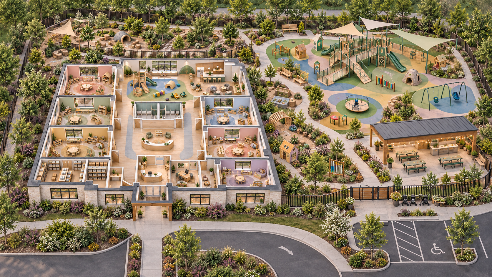 Wide architectural 3D concept of the complete KindNest campus, showing six themed indoor classrooms, central reception, indoor playroom and café, care-package room, inclusive fenced playground, accessible play equipment, nature play areas, playhouses, smooth paths, and a large covered family celebration pavilion.