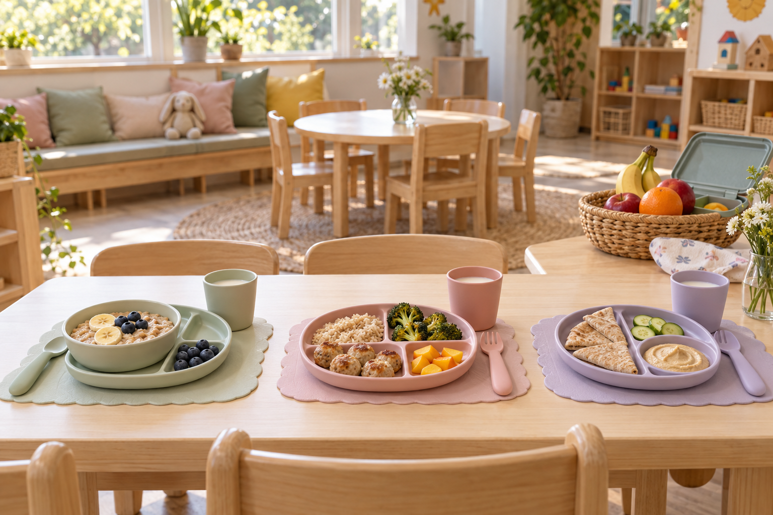 Concept image showing child-size breakfast, lunch, and snack settings in a bright preschool dining room