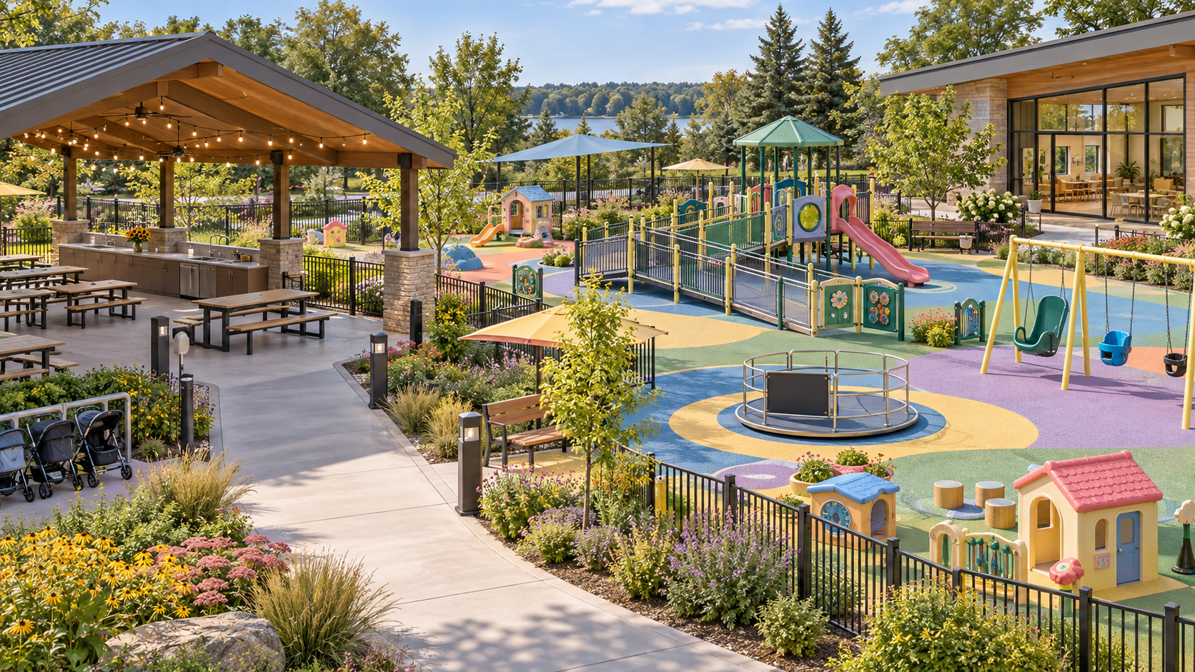Concept rendering of an inclusive fenced playground with accessible paths, ramped equipment, playhouses, and a large covered pavilion