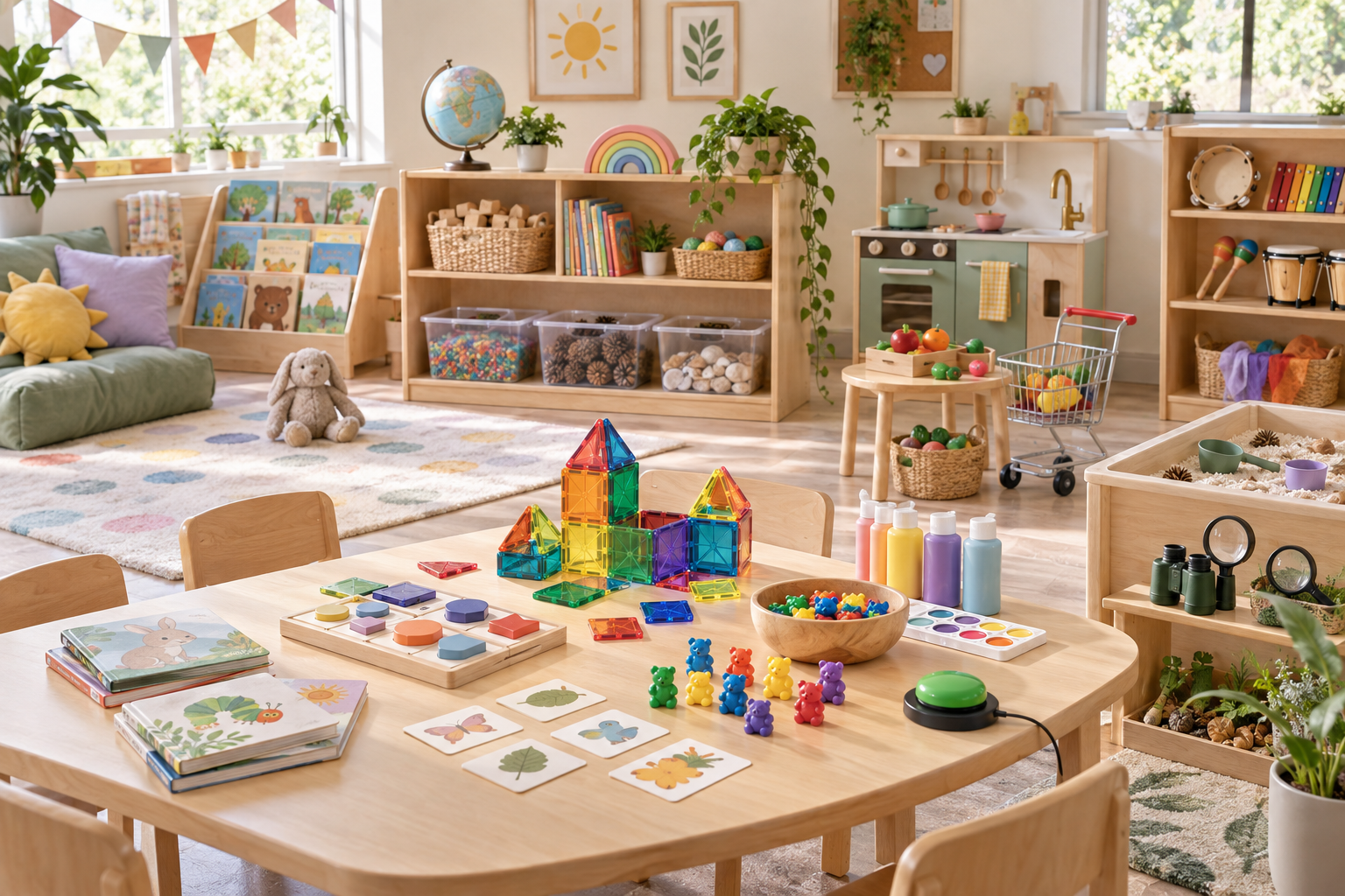 Concept example of colorful books, blocks, puzzles, sensory materials, art supplies, pretend-play toys, adaptive learning equipment, and STEM activities in a KindNest classroom