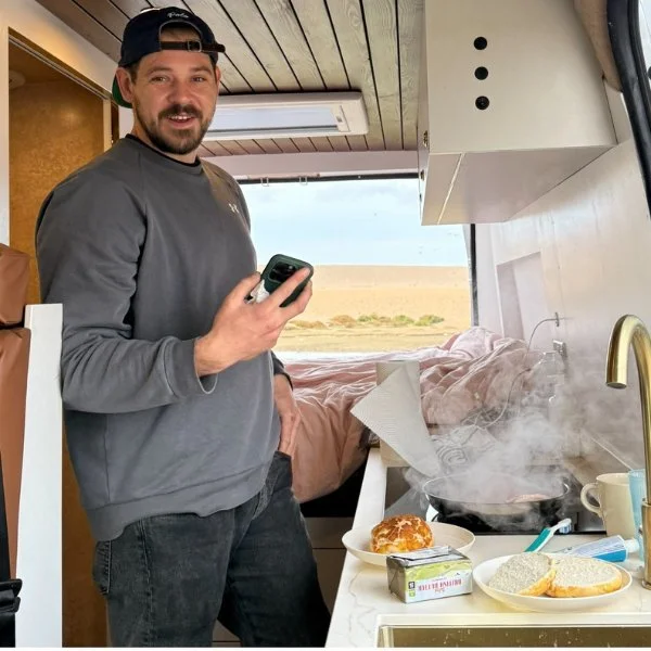 Breakfast cooking in the campervan kitchen