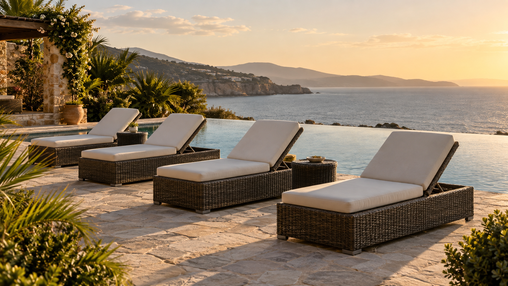 All-weather wicker loungers beside a resort infinity pool in a Mediterranean coastal setting