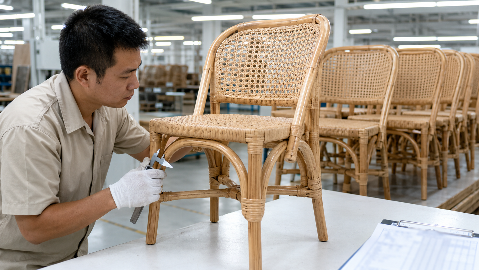 Quality control inspector examining the weave consistency and frame joints of a finished natural rattan dining chair in a Vietnamese furniture factory