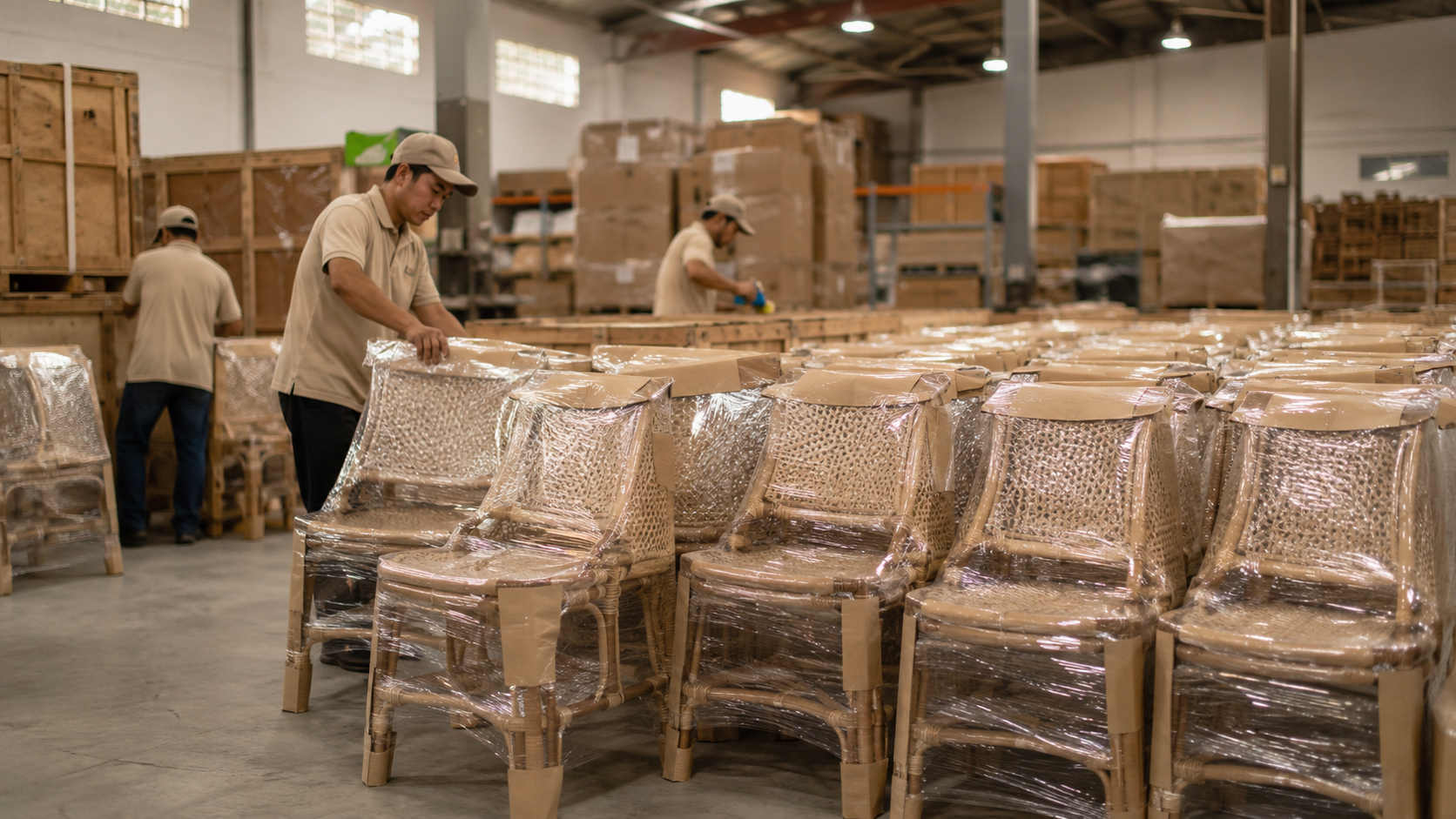 Finished rattan dining chairs wrapped in protective packaging inside a clean warehouse, being prepared for container loading