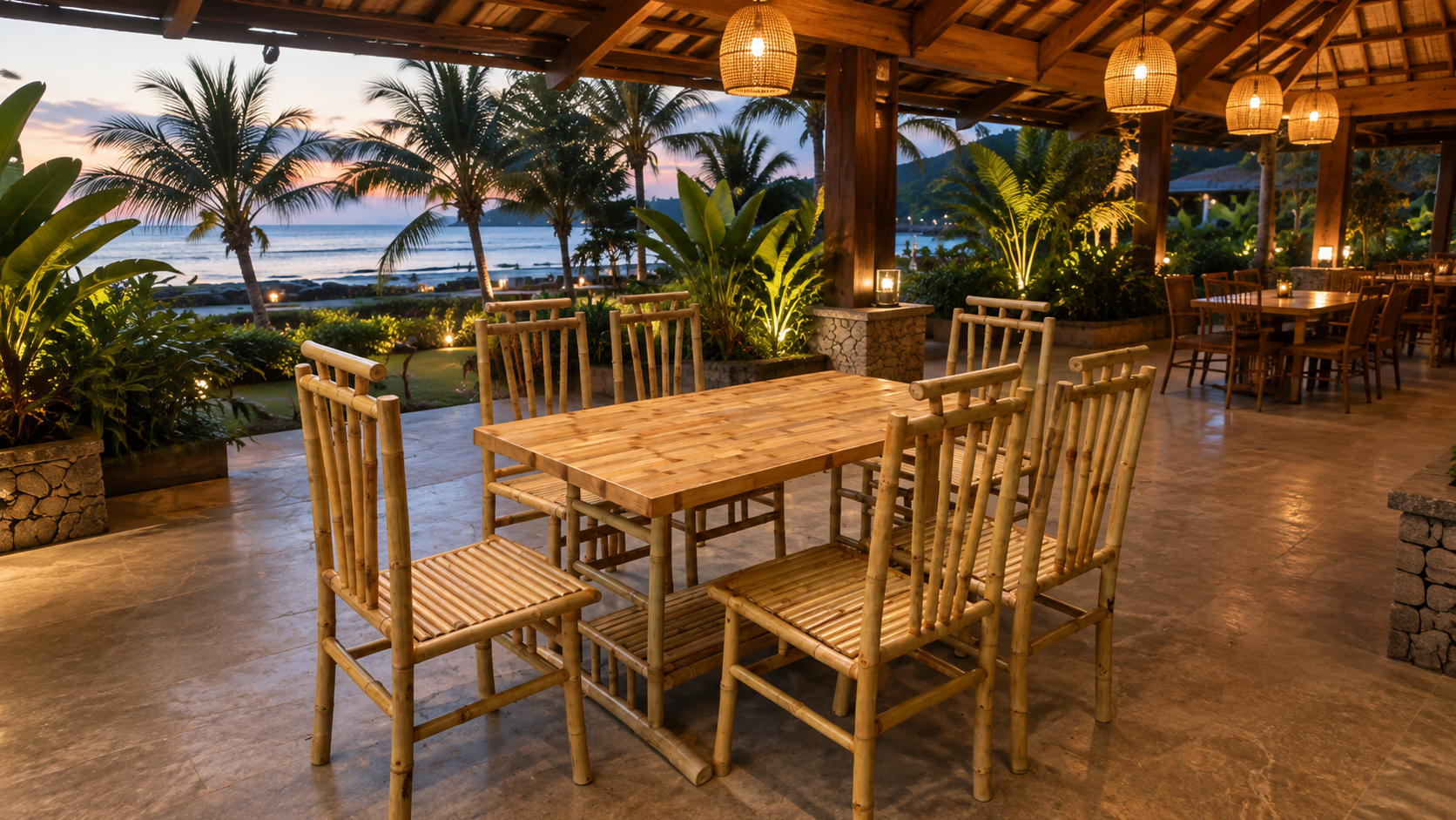 Eight-seat bamboo dining table and chairs produced in Nha Trang, Vietnam