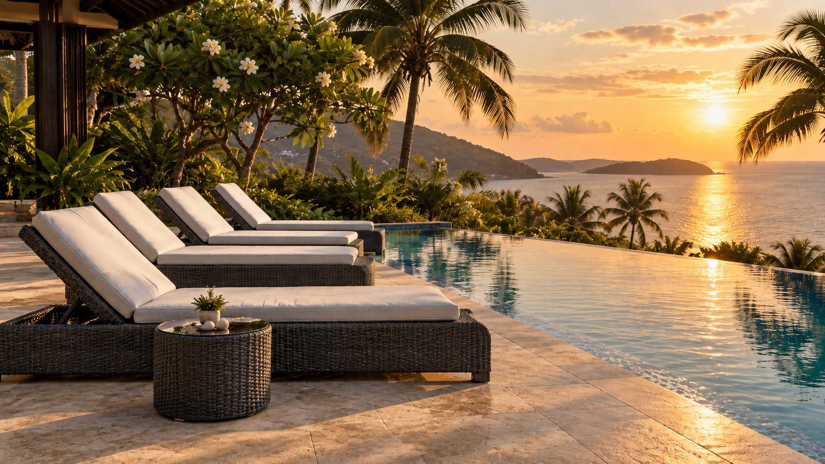 All-weather synthetic fiber lounge chairs on a luxury resort pool deck at golden hour