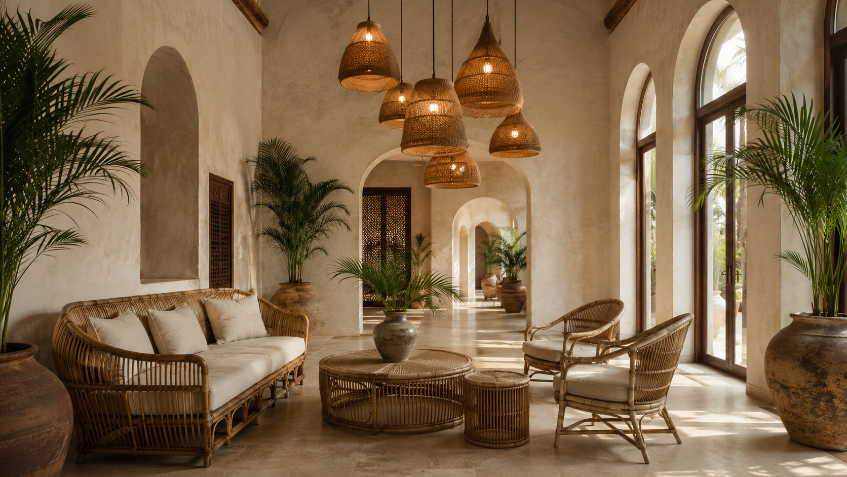 Handcrafted rattan lounge chairs and tables in a boutique hotel lobby