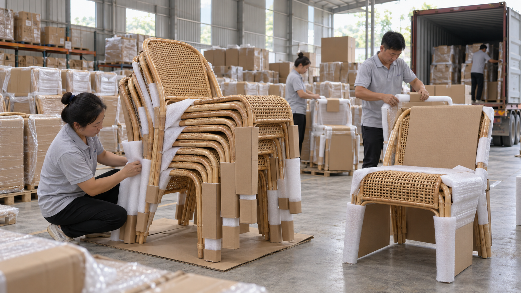 Rattan furniture being packed for export in a Vietnamese warehouse