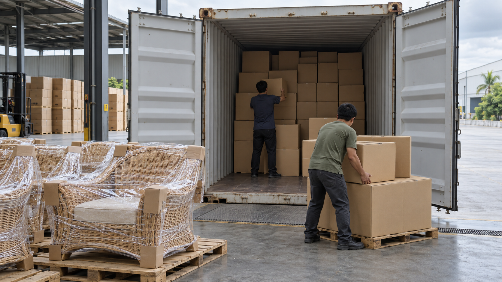 Export cartons of woven furniture being loaded into a shipping container in Vietnam