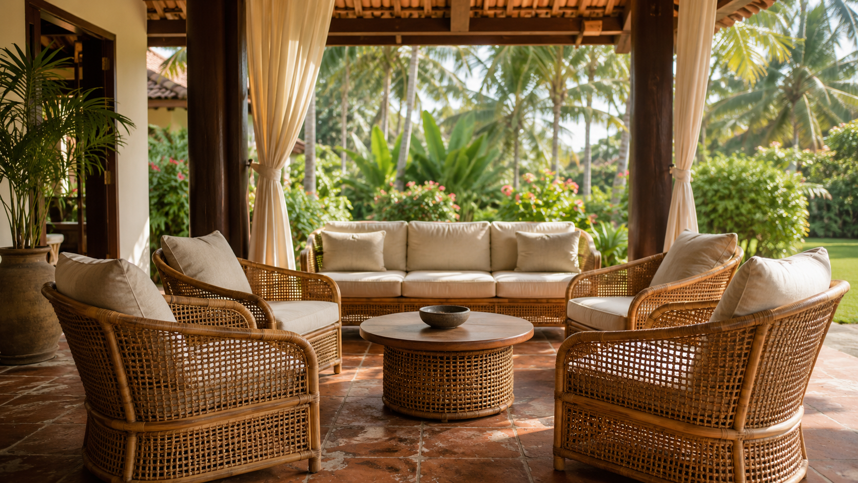 Rattan lounge seating in a light-filled boutique hotel lobby