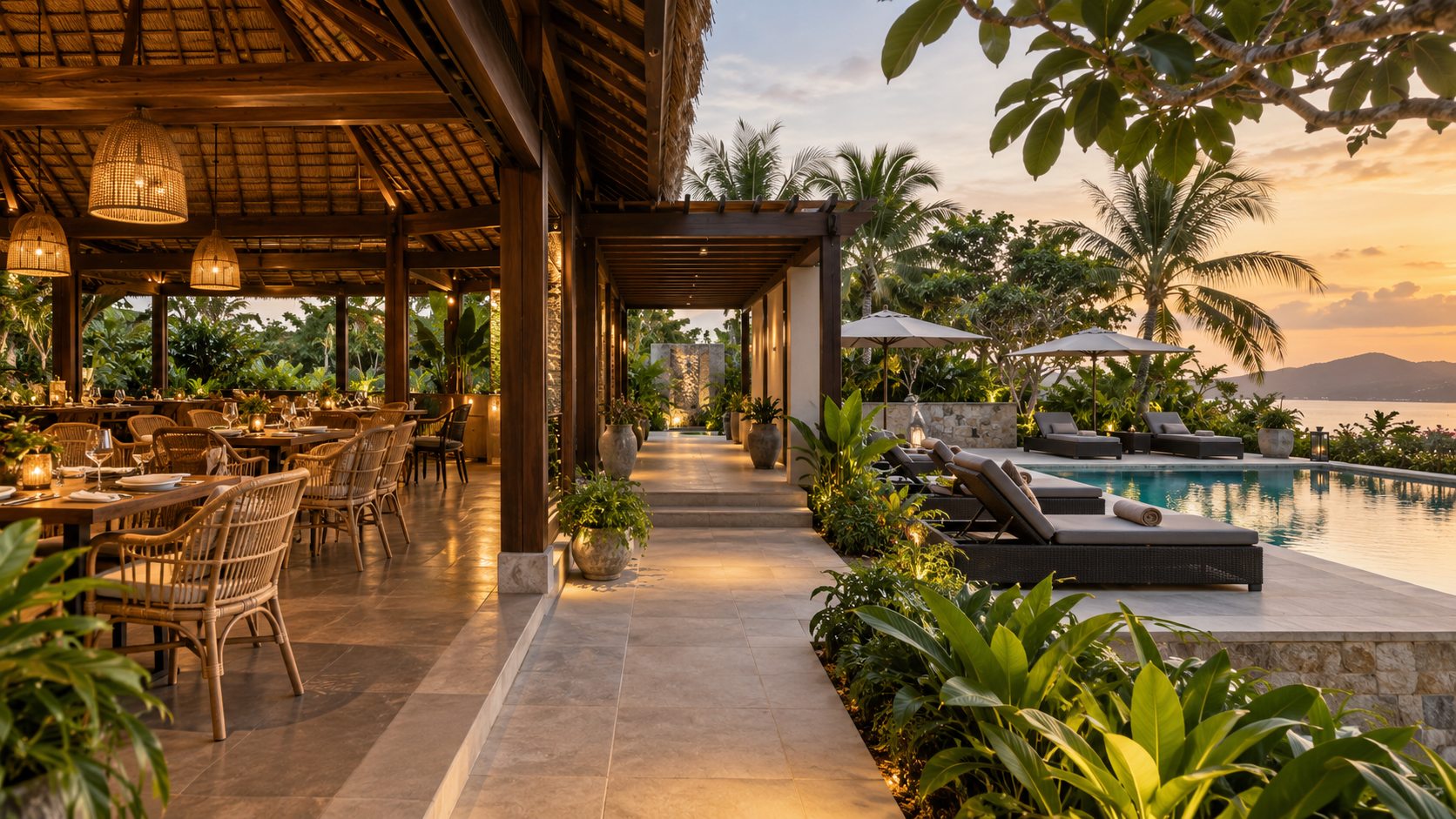 Boutique hotel property showing natural rattan in a covered dining area and synthetic fiber by the pool