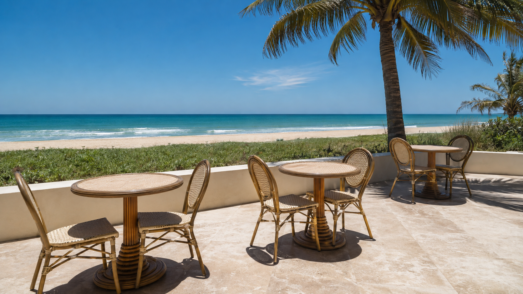 Woven rattan seating arranged in a beachfront café