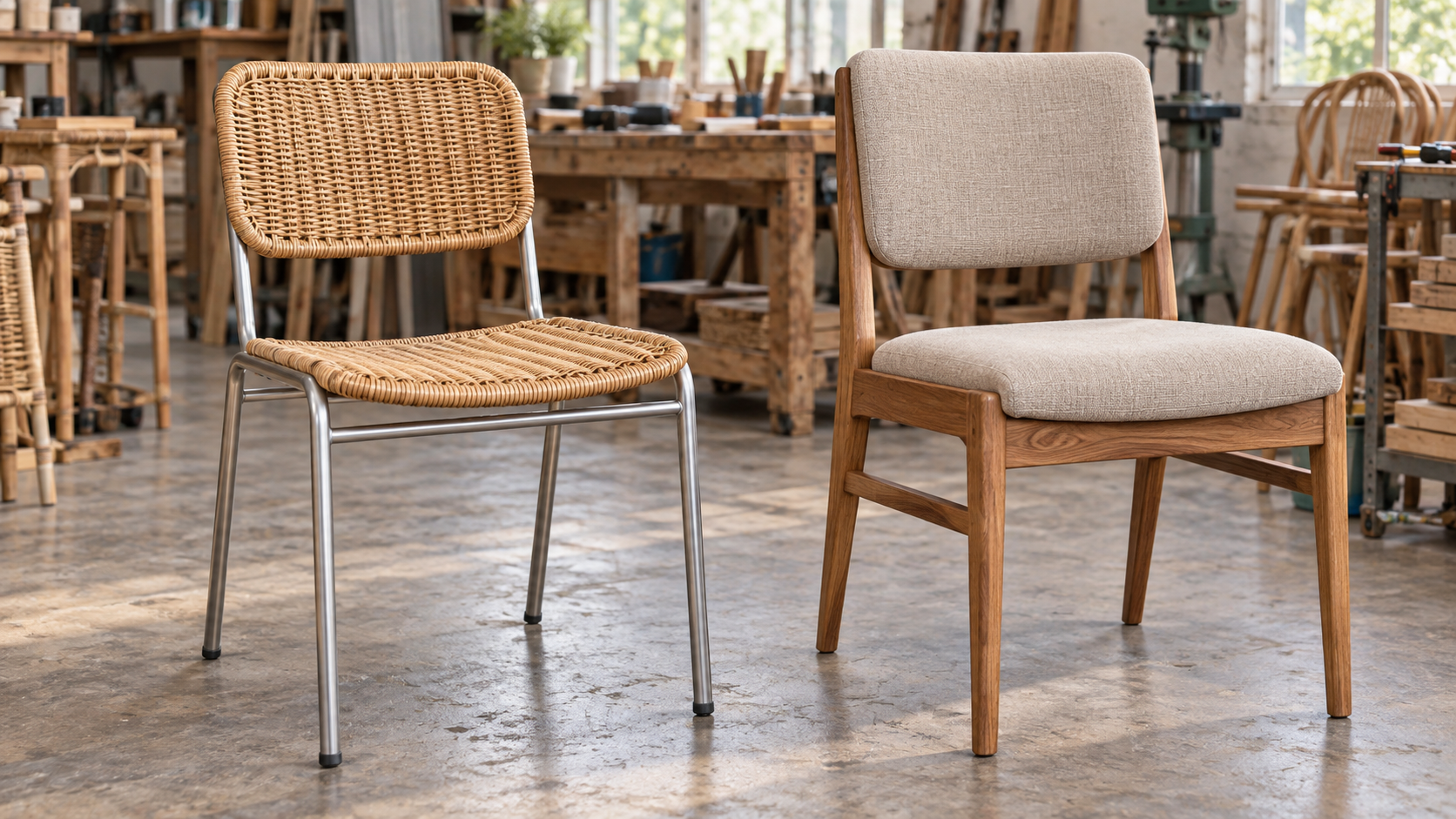 Two chair frames in a Vietnamese workshop showing different construction methods and materials
