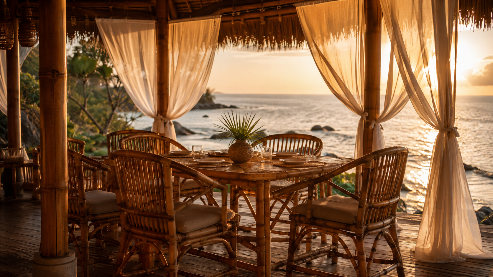 Bamboo dining chairs on a covered resort terrace at golden hour