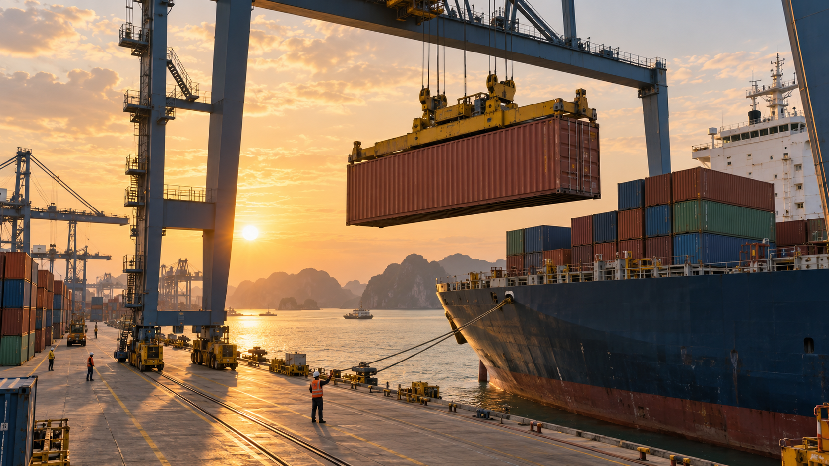 Container loading at a Vietnamese shipping port for furniture export