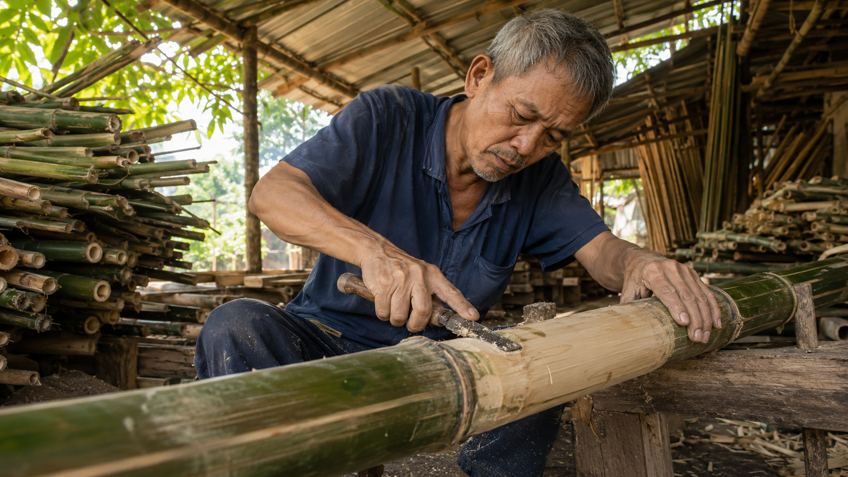 Craftsman shaping bamboo culms in a bright open-air Vietnamese workshop