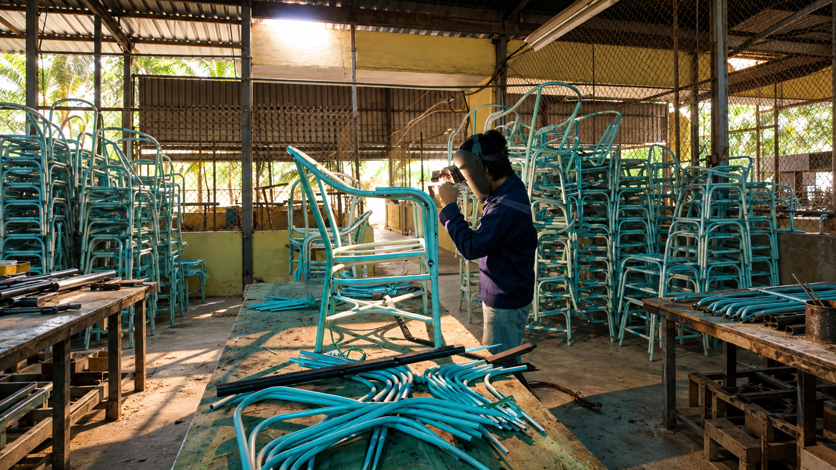 Worker in a welding mask fabricating metal chair frames in a Vietnamese furniture workshop