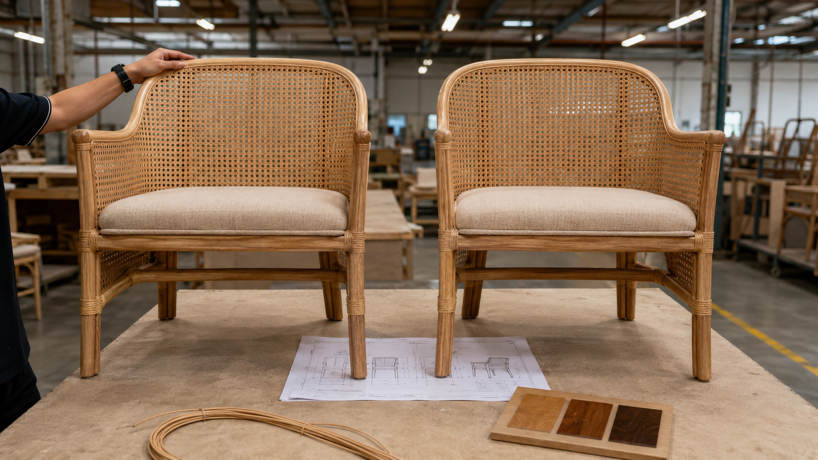 Two prototype rattan dining chairs on a factory sampling table with technical drawings and finish samples