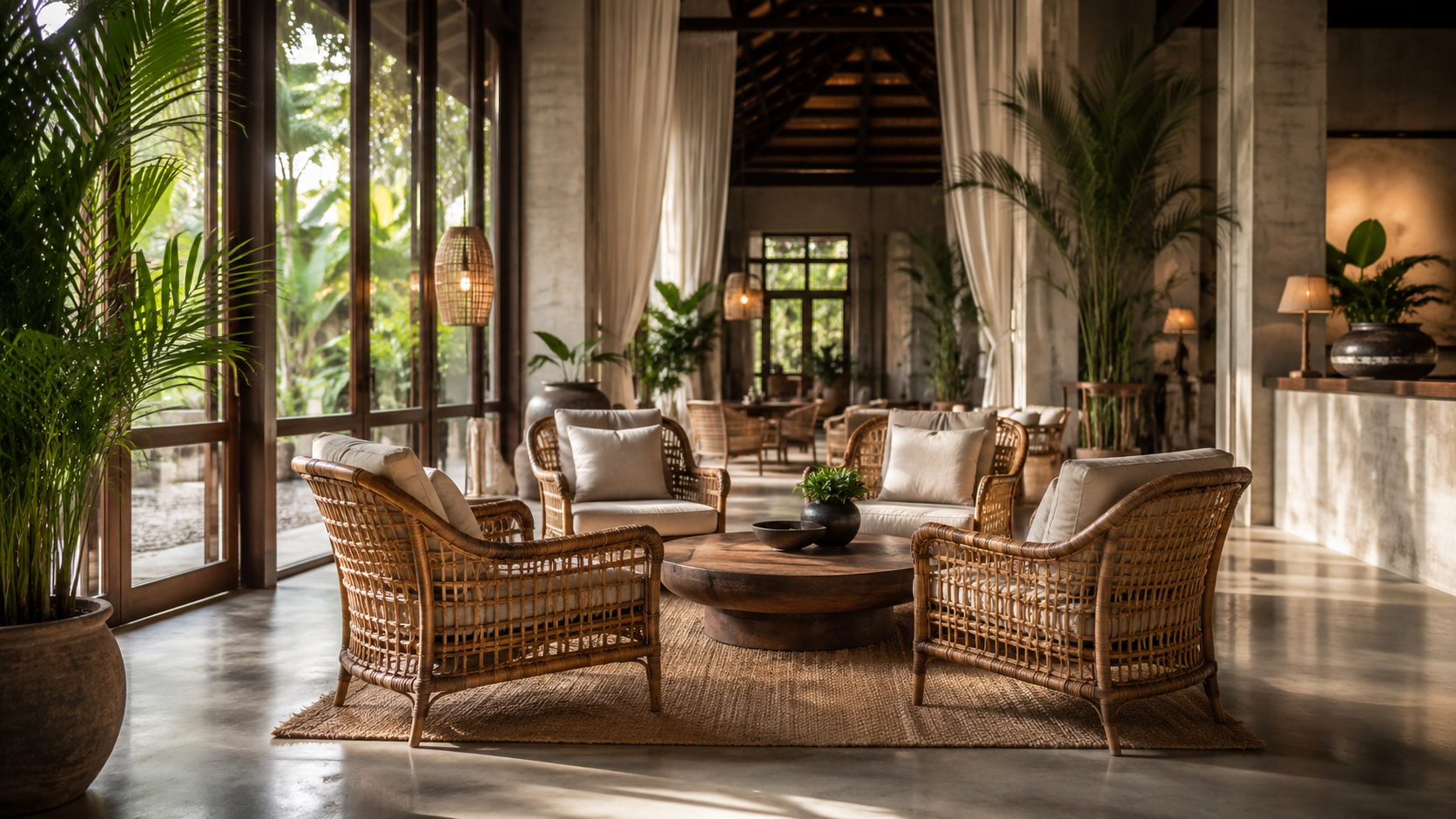 Handcrafted rattan armchairs and low coffee table arranged in a luxury boutique hotel lobby with natural light and tropical plants