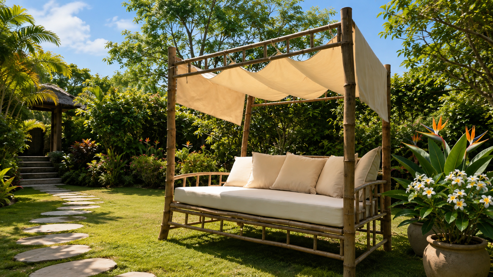 Bamboo canopy daybed with cushions and canvas shade, photographed in a tropical garden setting