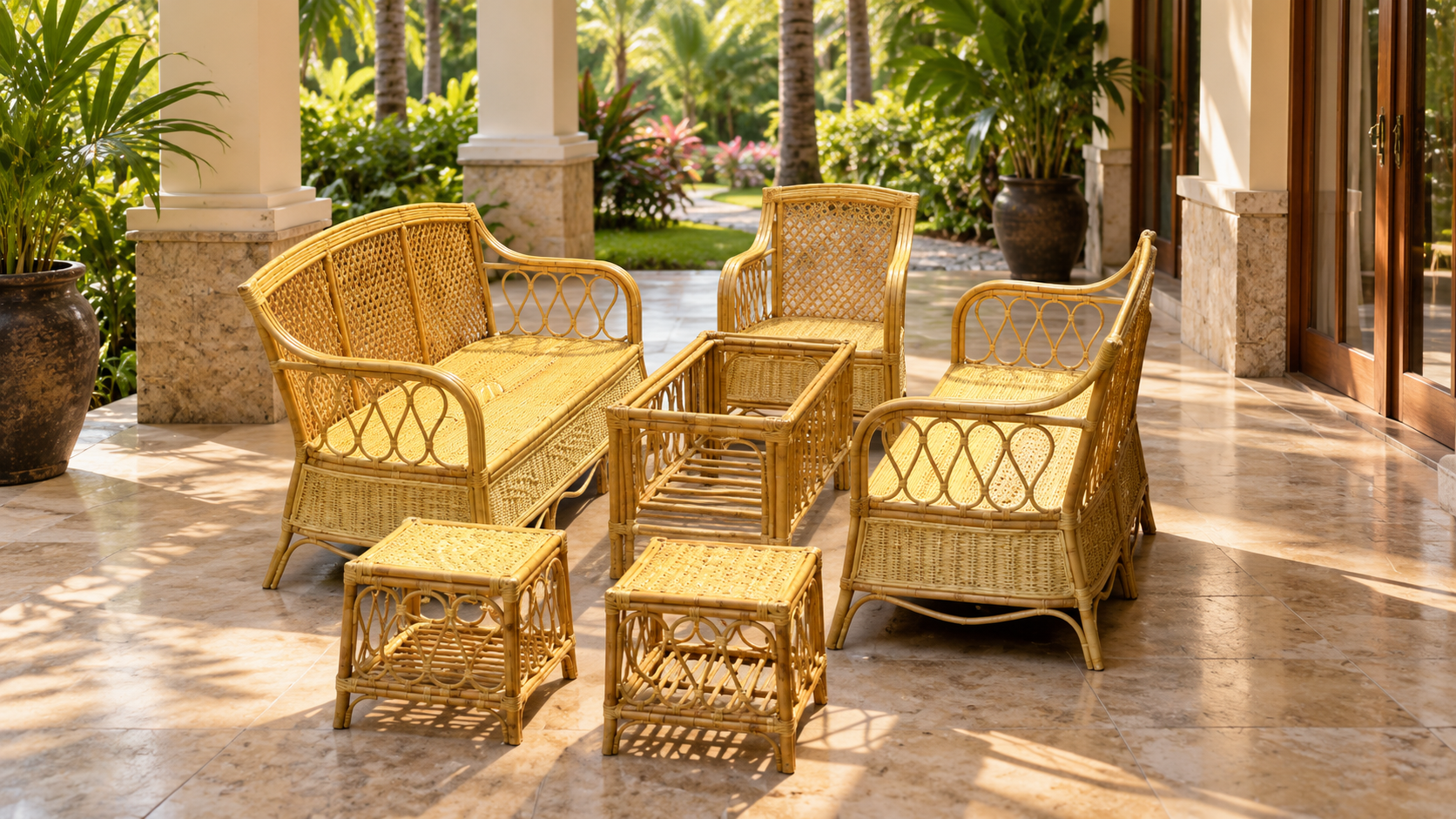 Natural rattan chairs and side table on a covered outdoor terrace with tropical plants