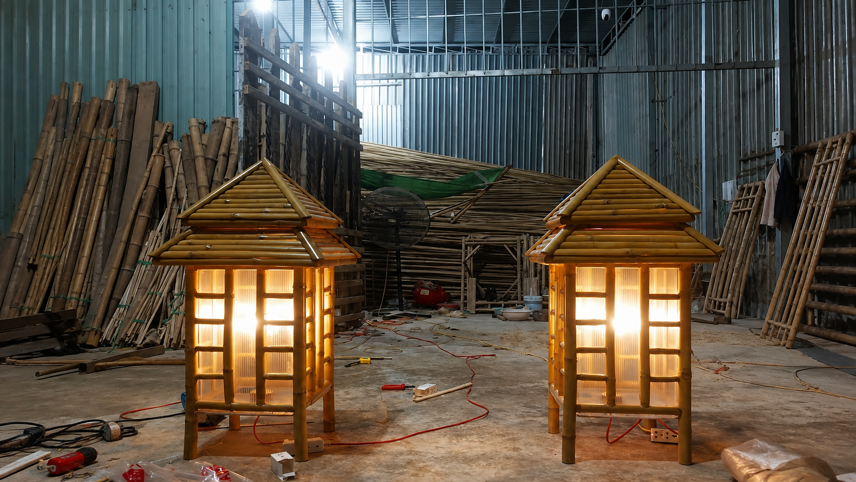 Handcrafted bamboo pagoda lanterns with warm interior glow, produced in Vietnam