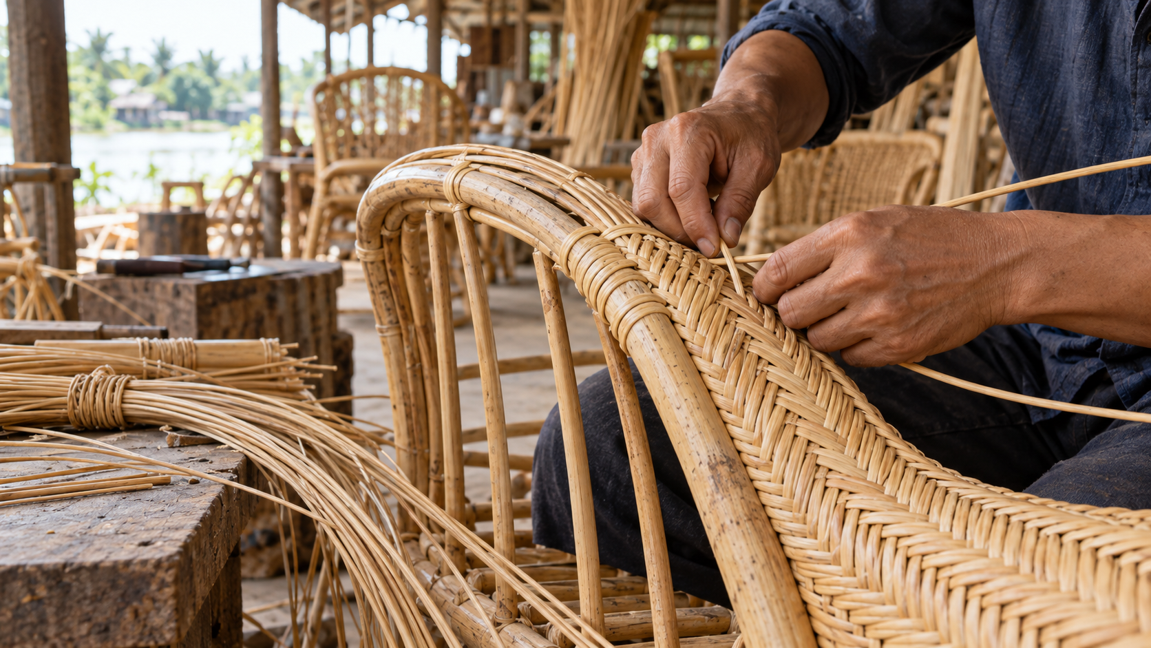 Artisan hands weaving natural rattan strands onto a lounge chair frame in a Vietnamese workshop