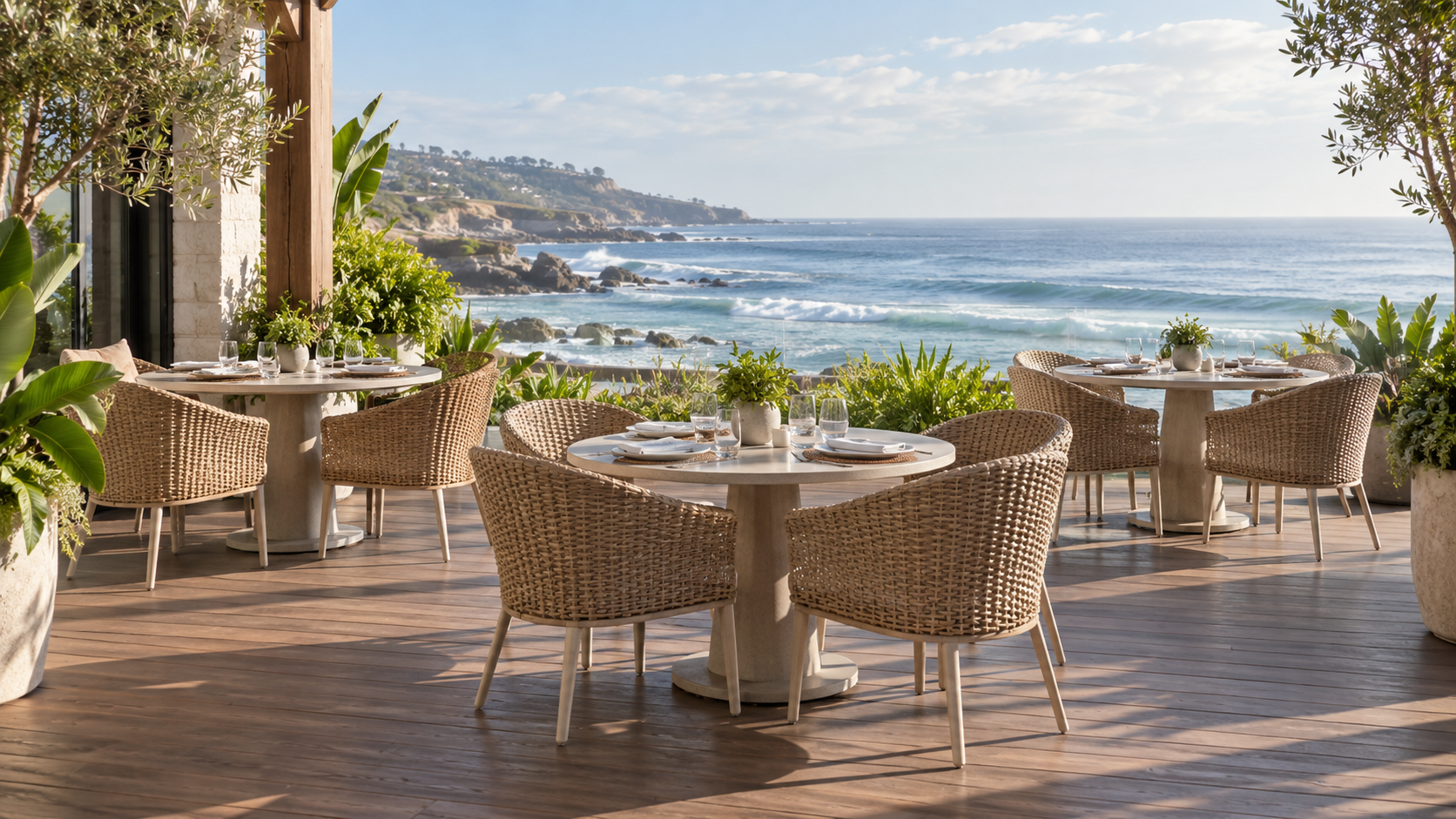 All-weather wicker dining furniture on a beachfront hotel terrace overlooking the ocean