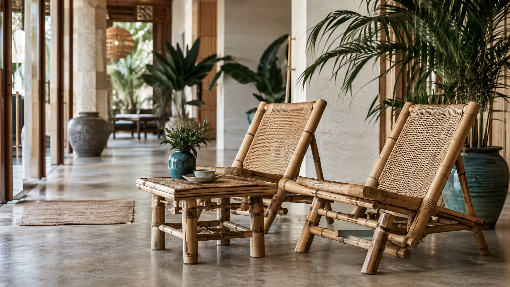 Hotel lobby combining a bamboo screen and headboard with woven rattan lounge seating