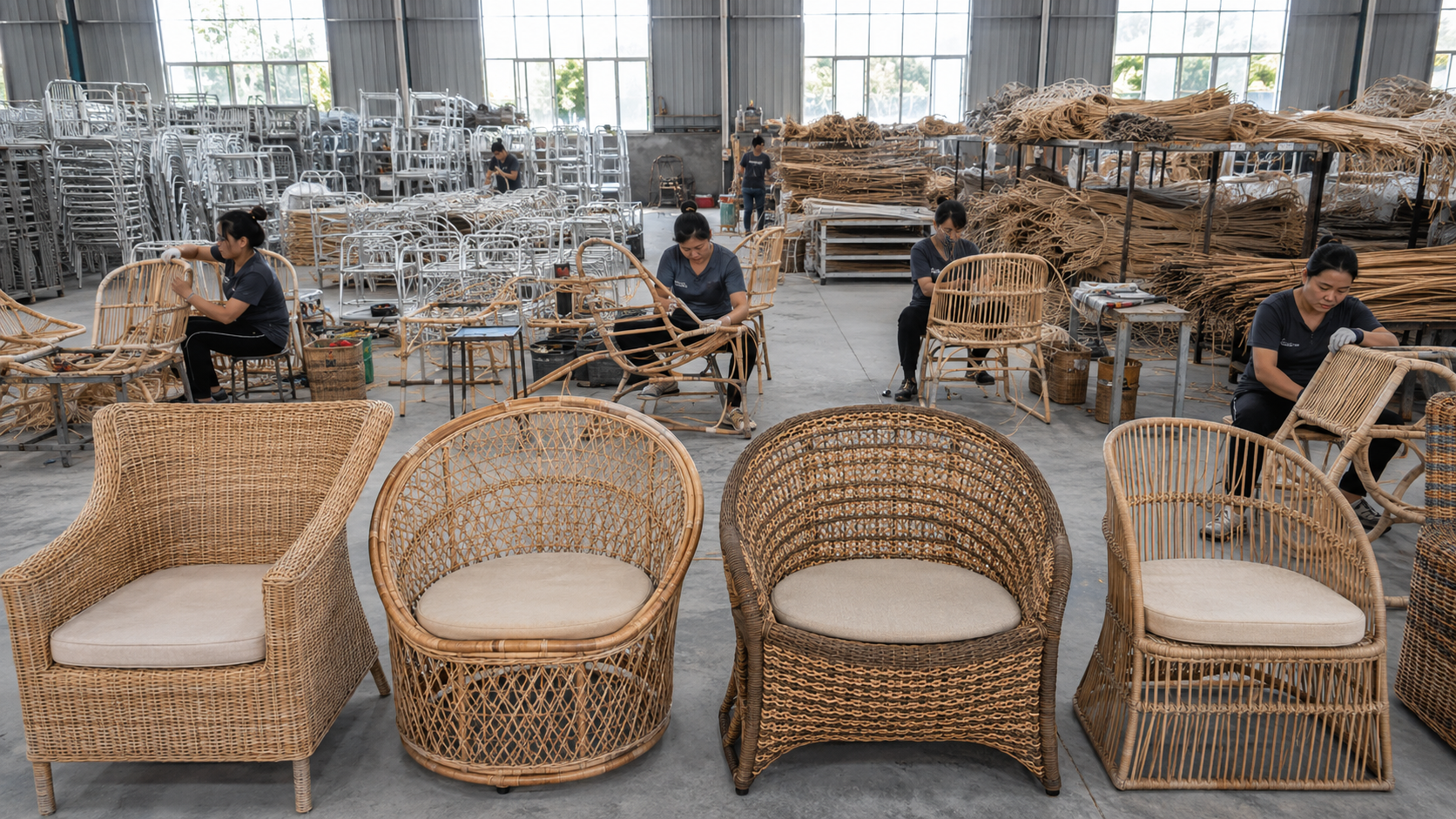 Vietnamese furniture production facility with multiple rattan product lines in various stages of completion