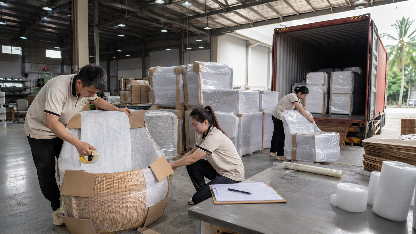 Workers carefully wrapping finished rattan furniture in protective packaging in a clean, organized Vietnamese factory staging area