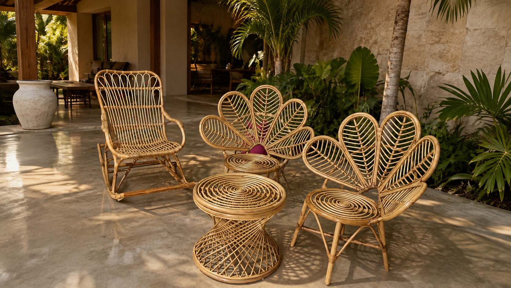 Handcrafted rattan peacock loveseat, rocking chair, and hourglass side table produced in Vietnam