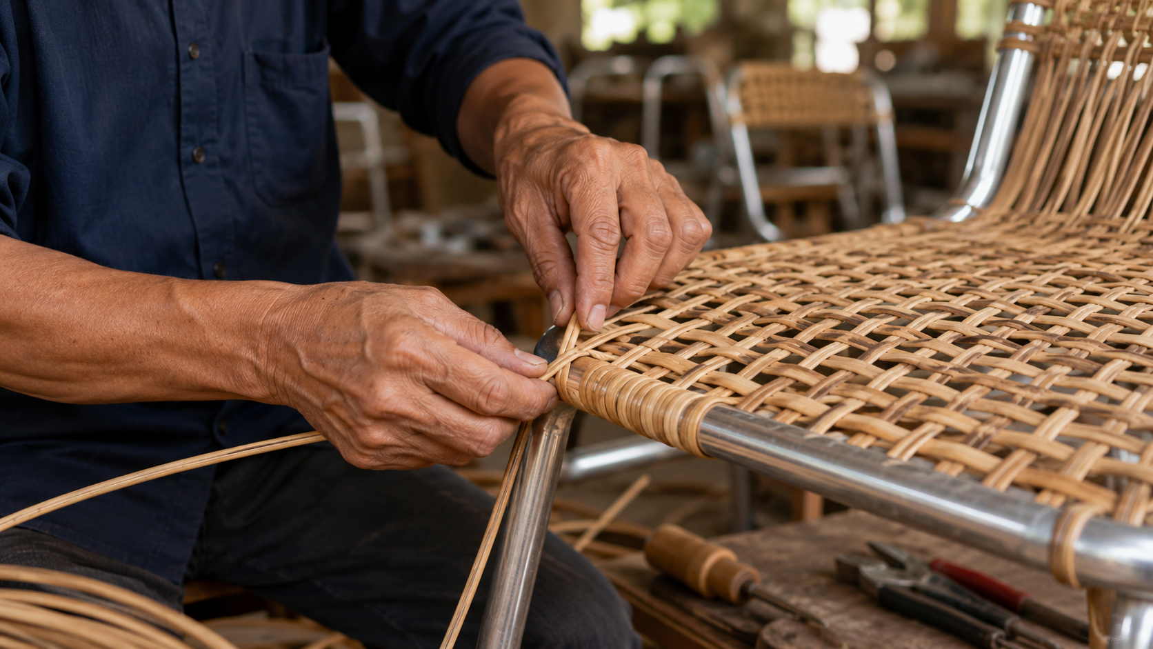 Close-up of a Vietnamese artisan's hands weaving natural rattan strands over a chair frame in a well-lit workshop