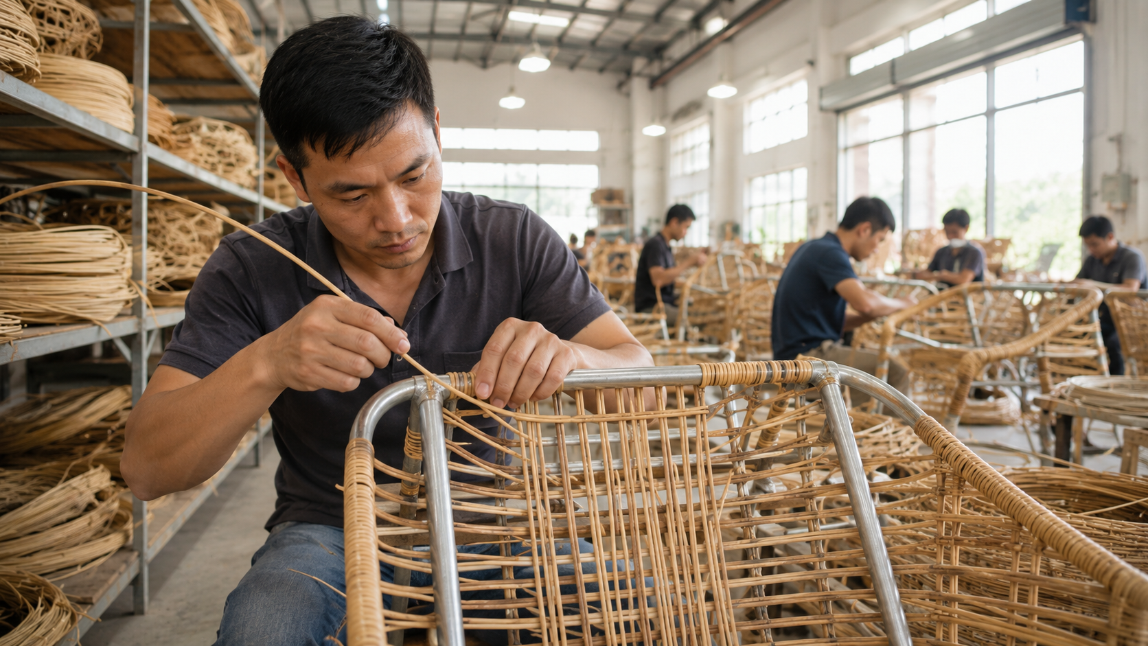 Interior of a Vietnamese furniture workshop with skilled artisans hand-weaving rattan onto aluminum chair frames at organized workstations