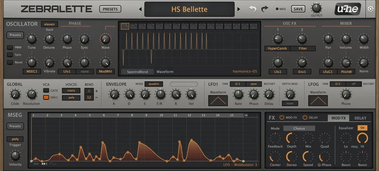 Classic u-he Zebralette synthesizer interface with oscillator waveform and modulation envelope