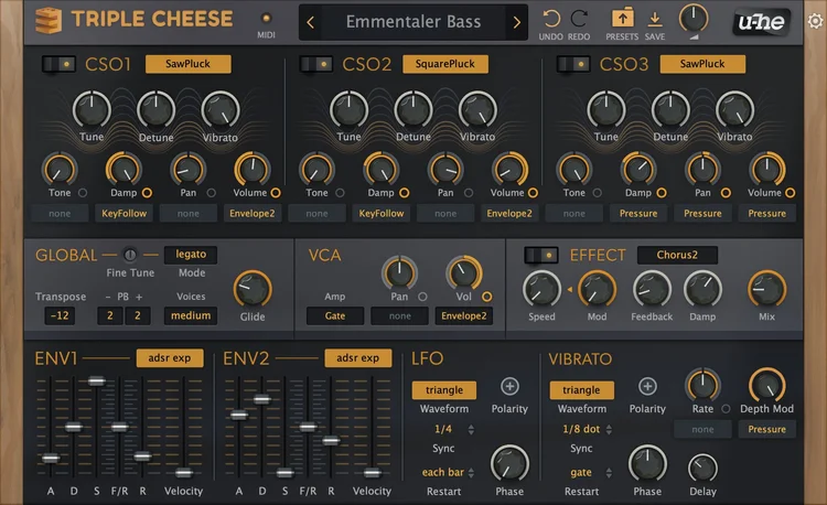 u-he Triple Cheese synthesizer interface with three comb-filter sections