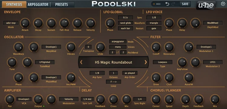 u-he Podolski synthesizer interface on the Synthesis tab