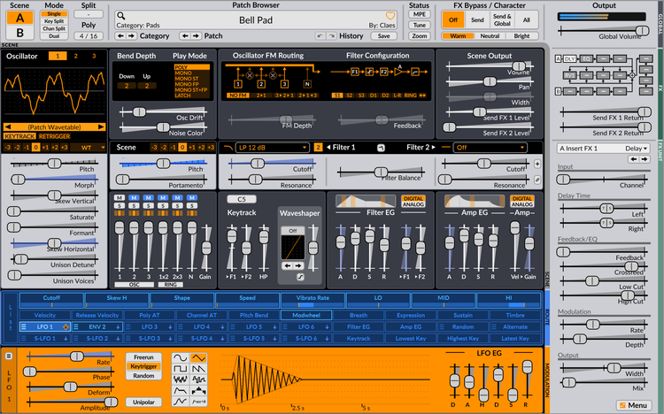 Surge XT synthesizer interface with oscillator, filter, modulation and effects controls